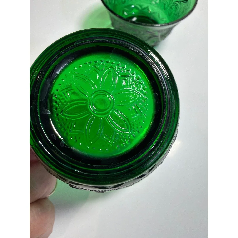 Vintage Emerald Green Glass Floral Pressed‎ Dessert Custard Bowls Set of 2